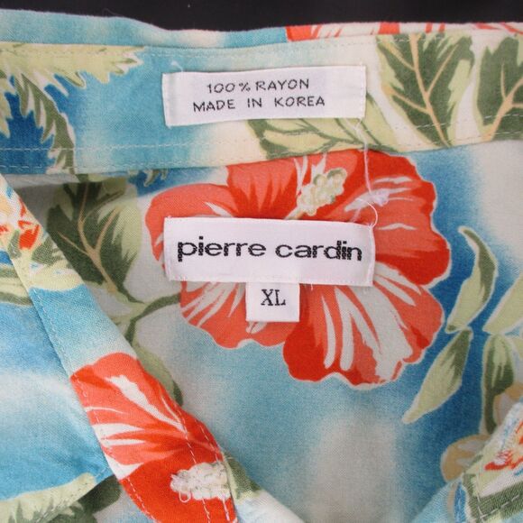 Vintage Pierre Cardin Hawaiian Button Up Shirt sz XL Men Blue Red Palms Hibiscus - Picture 3 of 7
